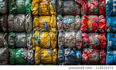 Stacked bales of compressed plastic ready for recycling, highlighting sustainable waste management 114616374