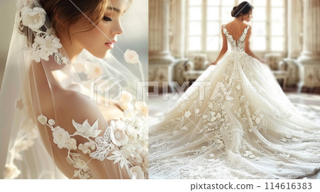 Beautiful bride showcasing her intricate, flowing wedding gown in a luxurious room 114616383