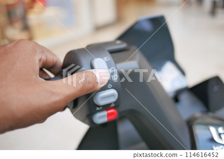 Man hand holding handlebar and pressing the Start, Man hand holding handlebar and pressing the Start, 114616452