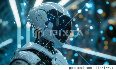 Advanced ai robot head with a glowing neural network, symbolizing hightech connections 114616694