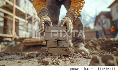 Bricklayer's hands installing bricks in closeup during construction 114616811