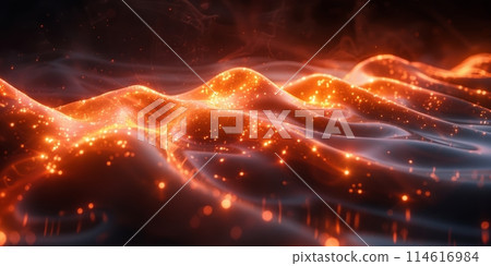 Abstract Futuristic Wavy Glowing Particles Background. Dark Technology Banner. 114616984