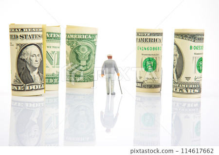 Miniature people. an elderly pensioner man stands near dollar money Miniature people. an elderly pensioner man stands near dollar money 114617662