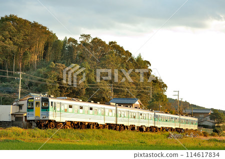 This is a diesel-powered local train running on the JR Kururi Line, a local line in Chiba. It shines in the setting sun. This is a diesel-powered local train running on the JR Kururi Line, a local line in Chiba. It shines in the setting sun. 114617834