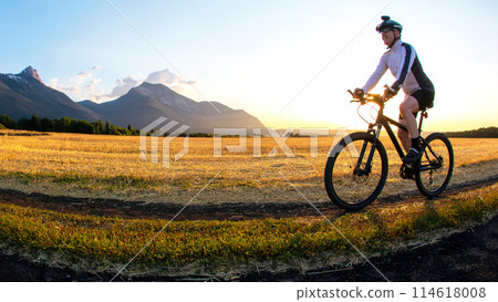 The cyclist rides a bike on the road near the field against the backdrop of the setting sun. The cyclist rides a bike on the road near the field against the backdrop of the setting sun. 114618008