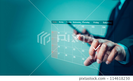 Creative collage for planning ideas, Appointment scheduler, Businessman marking dates on virtual calendar, managing his business schedule, setting reminders for important appointments. Creative collage for planning ideas, Appointment scheduler, Businessman marking dates on virtual calendar, managing his business schedule, setting reminders for important appointments. 114618230