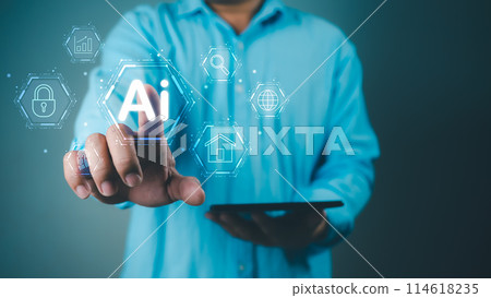 Businessman hand showing modern technology on internet network AI technology in everyday life, Concept of technology or using AI to help with work, Internet of Things, Artificial intelligence brain. Businessman hand showing modern technology on internet network AI technology in everyday life, Concept of technology or using AI to help with work, Internet of Things, Artificial intelligence brain. 114618235