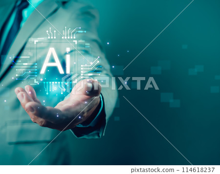 Businessman hand showing AI chip represents Artificial intelligence innovation and global online network connection for access to digital service, Cyber security, Training artificial intelligence. Businessman hand showing AI chip represents Artificial intelligence innovation and global online network connection for access to digital service, Cyber security, Training artificial intelligence. 114618237