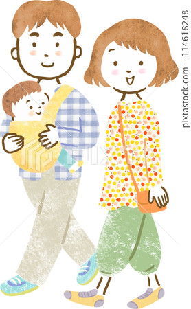 Hand-drawn illustration of a family of three with dad holding a baby (boy) 114618248