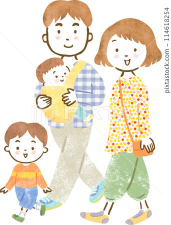 Hand-drawn illustration of a family of four with two children (boys) Hand-drawn illustration of a family of four with two children (boys) 114618254