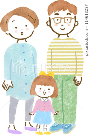 手繪插畫一家三口一個小孩（女孩） 114618257