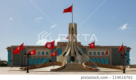 View of Kasbah Square and the City Hall in Tunis, capital of Tunisia. Tunis Municipality 114618762