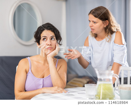 Young female LGBT couple arguing at home 114618984