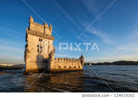Belem Tower on the bank of the Tagus River on sunset. Lisbon, Portugal Belem Tower on the bank of the Tagus River on sunset. Lisbon, Portugal 114619161