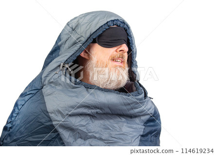 bearded man in a sleeping bag on a white background. equipment for recreation in tourism and travel 114619234