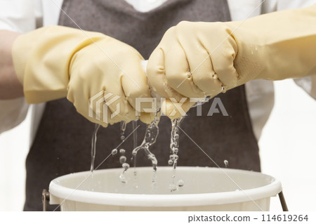 Wring out the rag Wring out the rag with rubber gloves Wring out the rag Wring out the rag with rubber gloves 114619264
