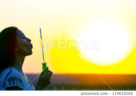 woman blows bubbles against the backdrop of the setting sun. summer fun and outdoor recreation woman blows bubbles against the backdrop of the setting sun. summer fun and outdoor recreation 114619268