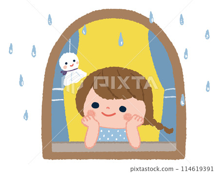 A child and a Terubozu at the window on a rainy day 114619391