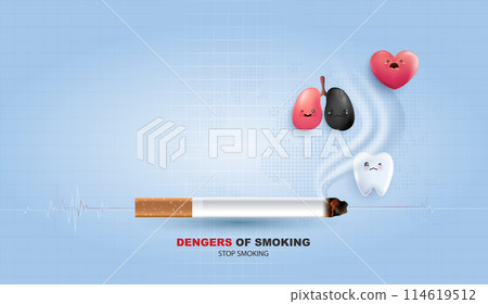 Teeth, lungs and heart feel bad with smoke problem. dangers of smoking. cigarette burns out and kills the teeth. save your teeth effects dental health. vector design. 114619512