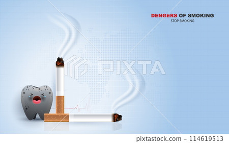 Teeth feel bad with smoke problem. dangers of smoking. cigarette burns out and kills the teeth. save your teeth effects dental health. vector design. 114619513