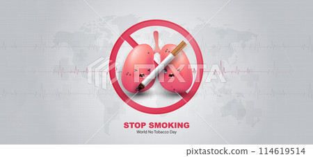 World no tobacco day, a concept for stop smoking. heart bit line and cigarette. dangers of smoking. smoking effect on lung with people around and family. vector design. 114619514