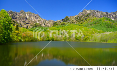 Spring Kagamiike Togakushi mountain range, mountain focus diorama photography Spring Kagamiike Togakushi mountain range, mountain focus diorama photography 114619731
