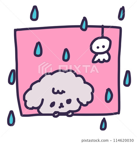 Teruteru Bozu 和一隻可愛的玩具貴賓犬小狗的插圖（下雨） 114620030