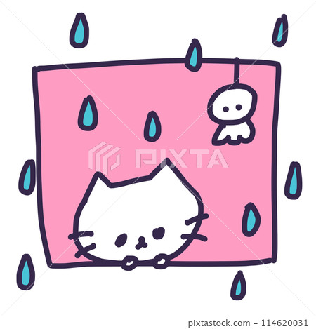 Teruteru Bozu 和一隻可愛的白色小貓的插圖（下雨） 114620031
