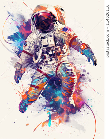 Abstract astronaut in space. Illustration with colorful splashes isolated on a white background.  Abstract astronaut in space. Illustration with colorful splashes isolated on a white background.  114620116