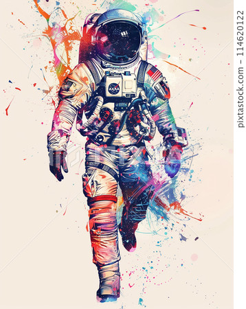 Abstract astronaut in space. Illustration with colorful splashes isolated on a white background.  114620122