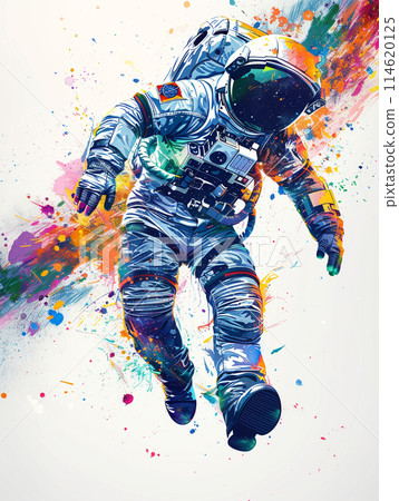 Abstract astronaut in space. Illustration with colorful splashes isolated on a white background.  Abstract astronaut in space. Illustration with colorful splashes isolated on a white background.  114620125