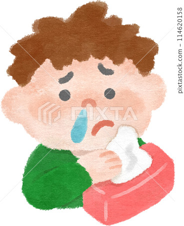 Boy blowing a runny nose Hand-drawn illustration 114620158