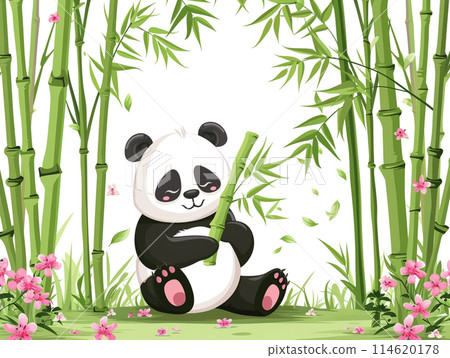 Cute cartoon panda sitting on the ground holding bamboo, surrounded by tall green and dense bamboo with pink flowers in a spring forest background. Cute cartoon panda sitting on the ground holding bamboo, surrounded by tall green and dense bamboo with pink flowers in a spring forest background. 114620178