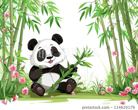 Cute cartoon panda sitting on the ground holding bamboo, surrounded by tall green and dense bamboo with pink flowers in a spring forest background. Cute cartoon panda sitting on the ground holding bamboo, surrounded by tall green and dense bamboo with pink flowers in a spring forest background. 114620179