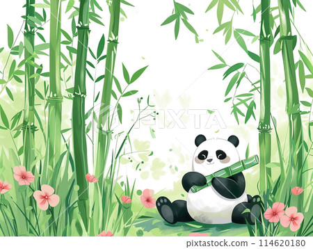 Cute cartoon panda sitting on the ground holding bamboo, surrounded by tall green and dense bamboo with pink flowers in a spring forest background.  114620180