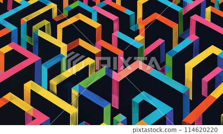 Black background with colorful lines in the shape of isometric squares, arranged horizontally and vertically to form a maze pattern. Black background with colorful lines in the shape of isometric squares, arranged horizontally and vertically to form a maze pattern. 114620220