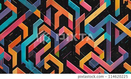Black background with colorful lines in the shape of isometric squares, arranged horizontally and vertically to form a maze pattern. Black background with colorful lines in the shape of isometric squares, arranged horizontally and vertically to form a maze pattern. 114620225