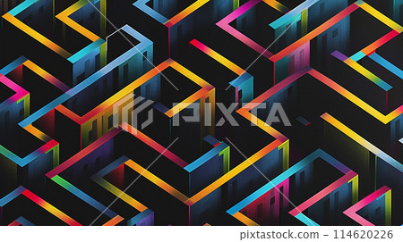 Black background with colorful lines in the shape of isometric squares, arranged horizontally and vertically to form a maze pattern.  114620226