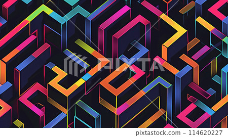 Black background with colorful lines in the shape of isometric squares, arranged horizontally and vertically to form a maze pattern. Black background with colorful lines in the shape of isometric squares, arranged horizontally and vertically to form a maze pattern. 114620227