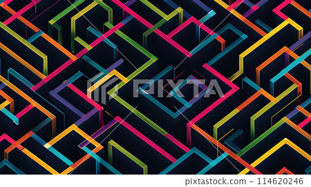 Black background with colorful lines in the shape of isometric squares, arranged horizontally and vertically to form a maze pattern. Black background with colorful lines in the shape of isometric squares, arranged horizontally and vertically to form a maze pattern. 114620246