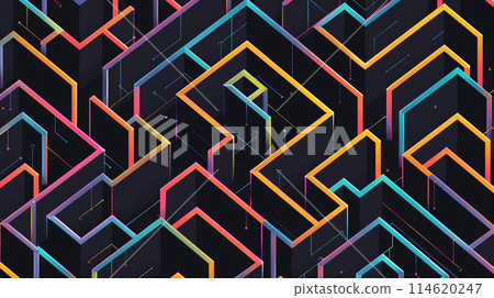 Black background with colorful lines in the shape of isometric squares, arranged horizontally and vertically to form a maze pattern. Black background with colorful lines in the shape of isometric squares, arranged horizontally and vertically to form a maze pattern. 114620247