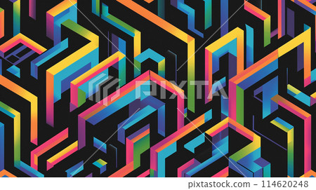 Black background with colorful lines in the shape of isometric squares, arranged horizontally and vertically to form a maze pattern. Black background with colorful lines in the shape of isometric squares, arranged horizontally and vertically to form a maze pattern. 114620248
