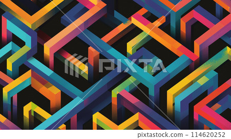 Black background with colorful lines in the shape of isometric squares, arranged horizontally and vertically to form a maze pattern. Black background with colorful lines in the shape of isometric squares, arranged horizontally and vertically to form a maze pattern. 114620252