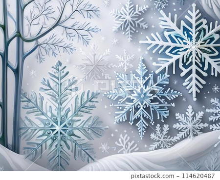 Snowflakes and winter forest image illustration 114620487