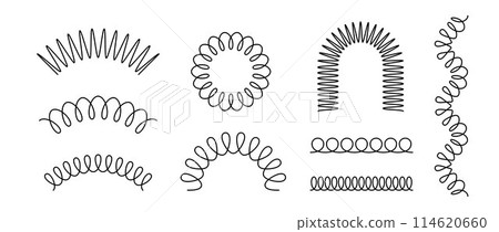 Black spiral spring set. Wire coil springs collection. Thin wire frames, zigzag lines, metal waves, flexible coils and arch elements pack for graphic design templates, decor, border. Vector bundle Black spiral spring set. Wire coil springs collection. Thin wire frames, zigzag lines, metal waves, flexible coils and arch elements pack for graphic design templates, decor, border. Vector bundle 114620660