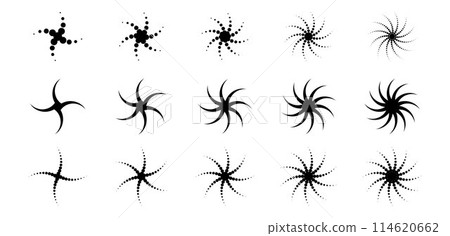 Different twist and swirl element set. Black dotted twirl and rotating lines collection. Circular radial dashed revolving whirlwind symbols bundle for graphic design. Vector Different twist and swirl element set. Black dotted twirl and rotating lines collection. Circular radial dashed revolving whirlwind symbols bundle for graphic design. Vector 114620662
