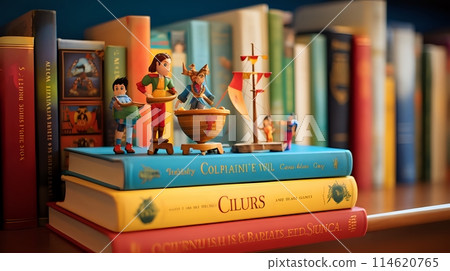 A whimsical still life of a shelf full of colorful books and toy 114620765