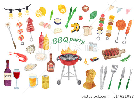Hand-drawn watercolor BBQ illustration set 114621088