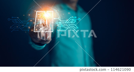 Digital Artificial Intelligence (AI) technology disruption concept.man touch Ai circuit global Internet connect. Big data storage.Innovative technology Machine learning support in the business. Digital Artificial Intelligence (AI) technology disruption concept.man touch Ai circuit global Internet connect. Big data storage.Innovative technology Machine learning support in the business. 114621090
