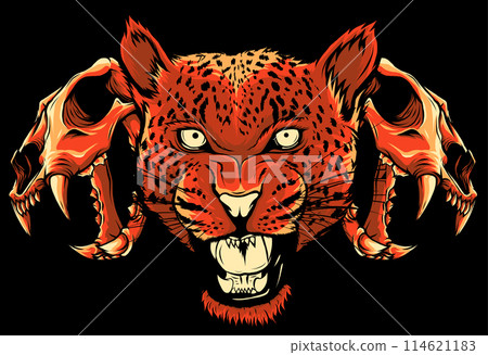 Leopard head with skull on black background 114621183